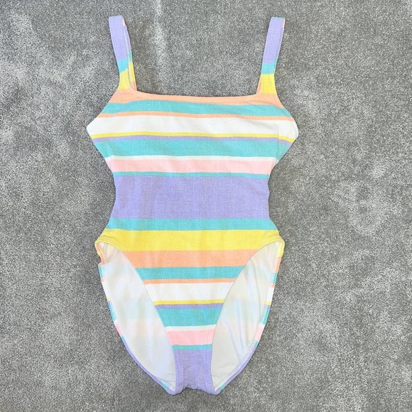 M Vintage Anne Cole Pastel Striped Cotton One Piece High Cut Low Back Swimsuit - Picture 2 of 11